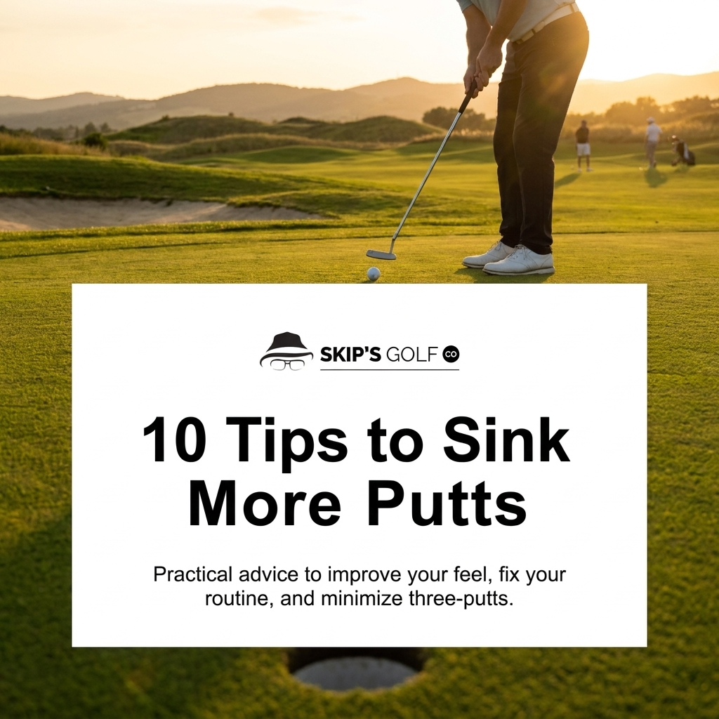 Graphic featuring a golfer on a golf course with a large white text box overlay that reads '10 Tips to Sink More Putts.