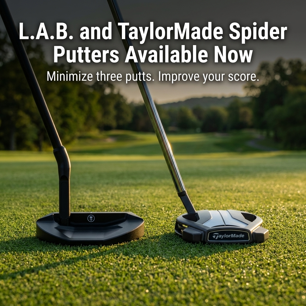 An L.A.B and TaylorMade Spider putter displayed on a golf course.